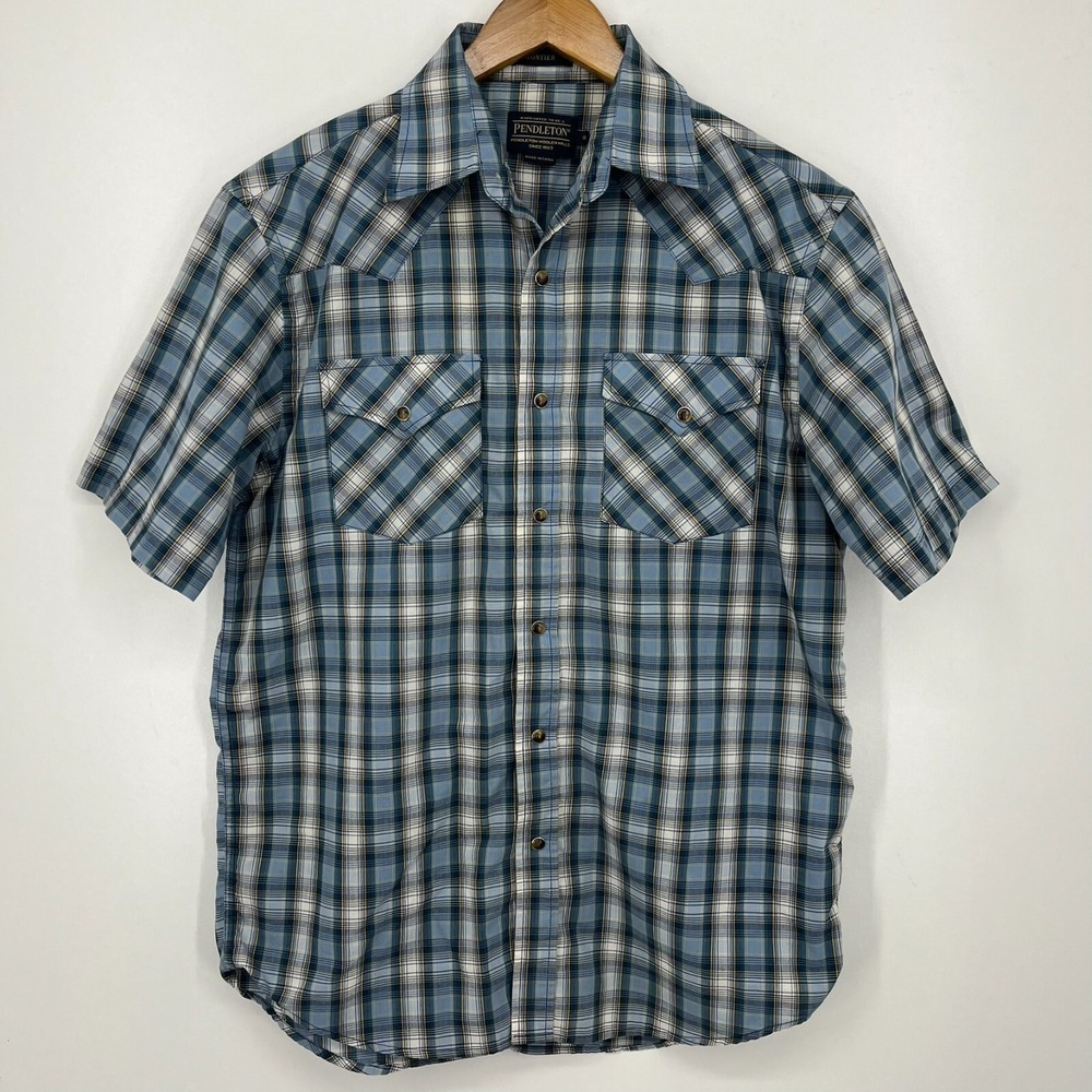 Pendleton Short Sleeve Pearl Snap Shirt Men's Size S Blue Frontier Plaid Western